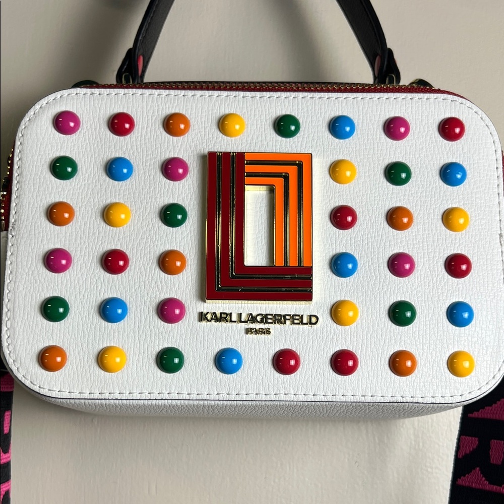 Karl Lagerfeld White Crossbody Bag with Multicolor Studs